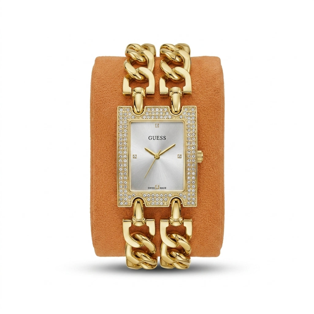 Montre GUESS Femme — Boîtier Rectangulaire Serti de Cristaux, Bracelet Chaîne Doré