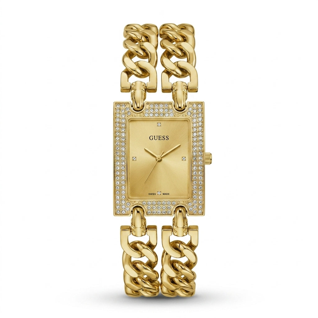 Montre Chaîne Dorée Femme — Full Gold, Cristaux Sertis